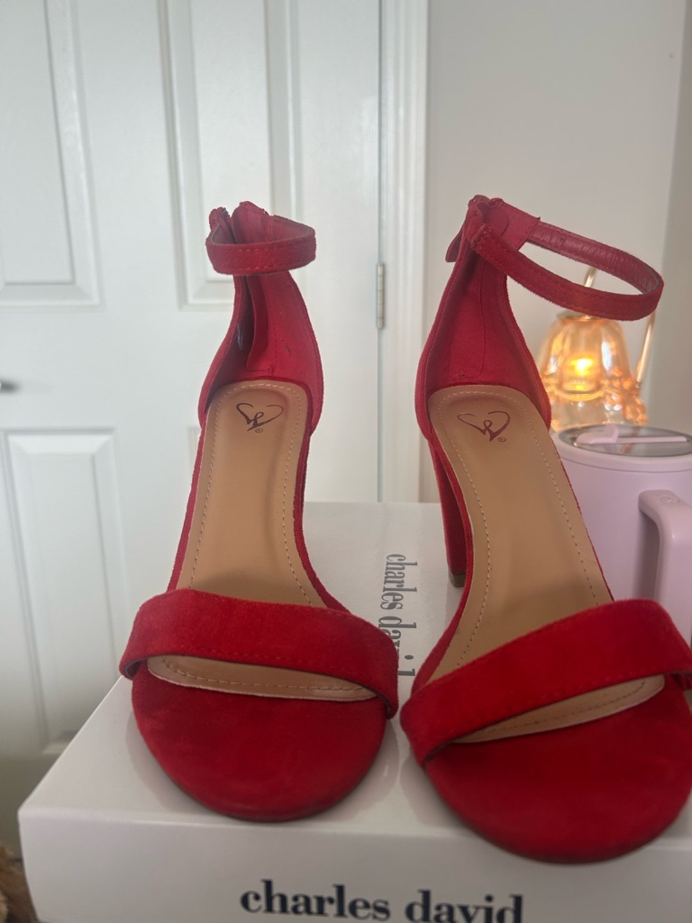 Windsor Red Suede Open-Toe Ankle-Strap Heels
